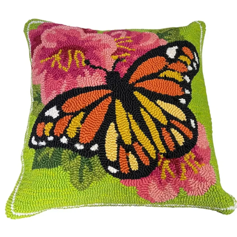 Plow & Hearth Monarch Butterfly Hooked Pillow Floral Outdoor 18x18